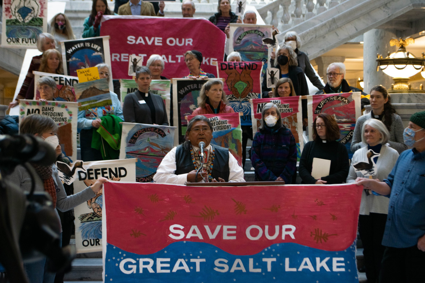 Spiritual Leader Rios Pacheco of the Northwestern Band of the Shoshone Nation speaks to the importance of the Great Salt Lake to his community. Pacheco was the first speaker at the interfaith press conference Thursday morning. Photo by Alexis Perno, Great Salt Lake Collaborative 